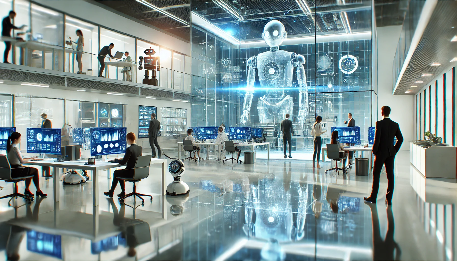 DALL·E 2025 03 19 09.47.27 A group of small futuristic businesses operating in a modern, bright environment. The scene features advanced digital technologies, compact robots, an